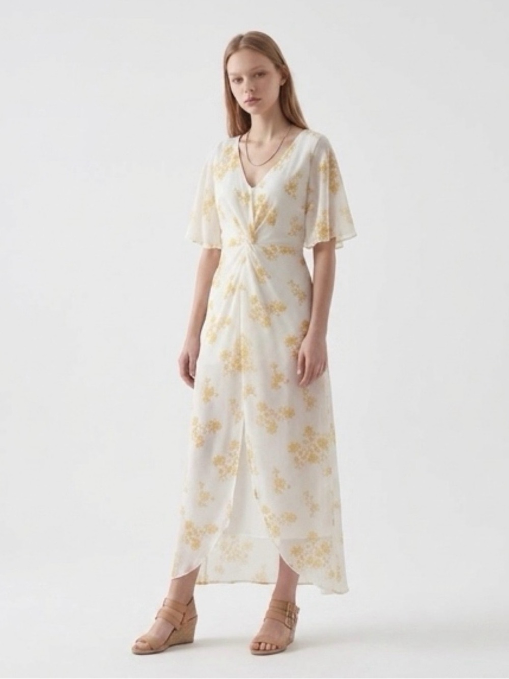 Floral Print Maxi Romper Dress Medium Sheer Sleeve Slit Back Zip Boho